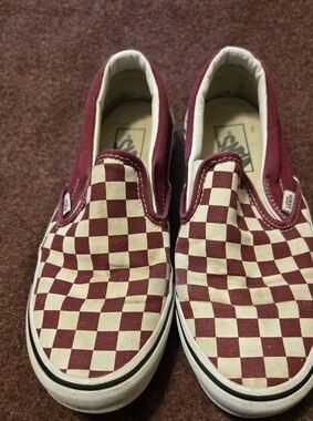 Checkered Vans Burgundy And White Used Size Women 8.5 Men 7
